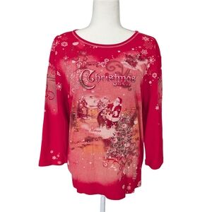 Cactus Red Christmas Santa Rhinestone 3/4 Sleeve Tee Size 1X